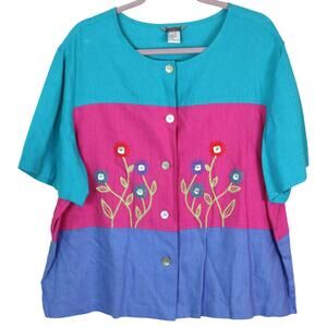 Vintage 80s Stonebridge Button Down Blouse LINEN Embroidered Flowers Plus 2X
